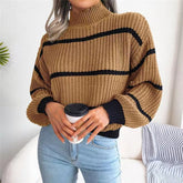 Pull décontracté à col roulé et manches ballon rayées pour femme